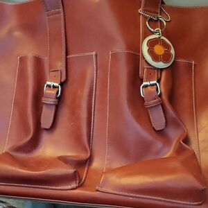 Source Unknown Tan Leather Tote with Floral Charm
